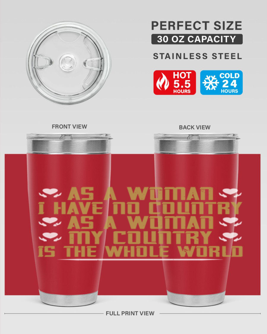 Stylish 20oz and 30oz stainless steel tumblers with a modern design, perfect for hot and cold beverages, celebrating women's empowerment.