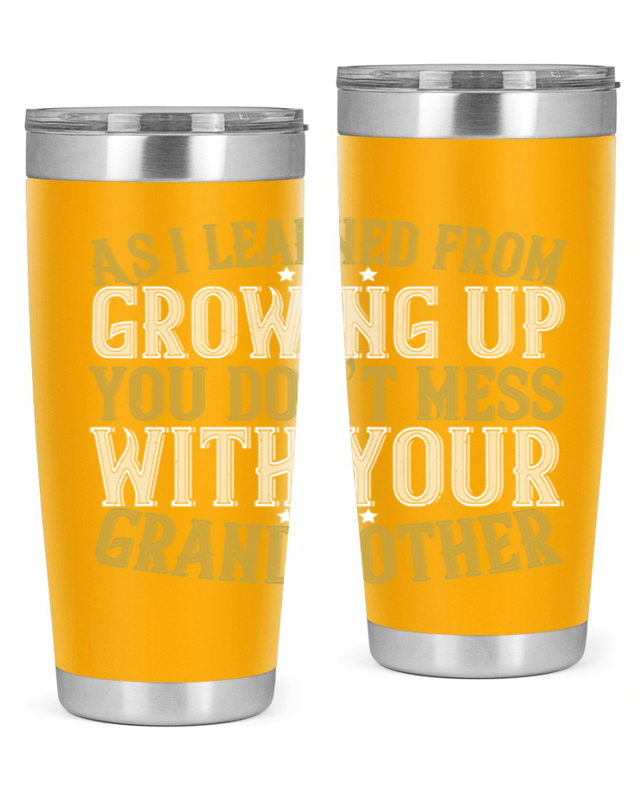 20oz and 30oz stainless steel tumblers with humorous print about grandmothers, showcasing double wall vacuum insulation.