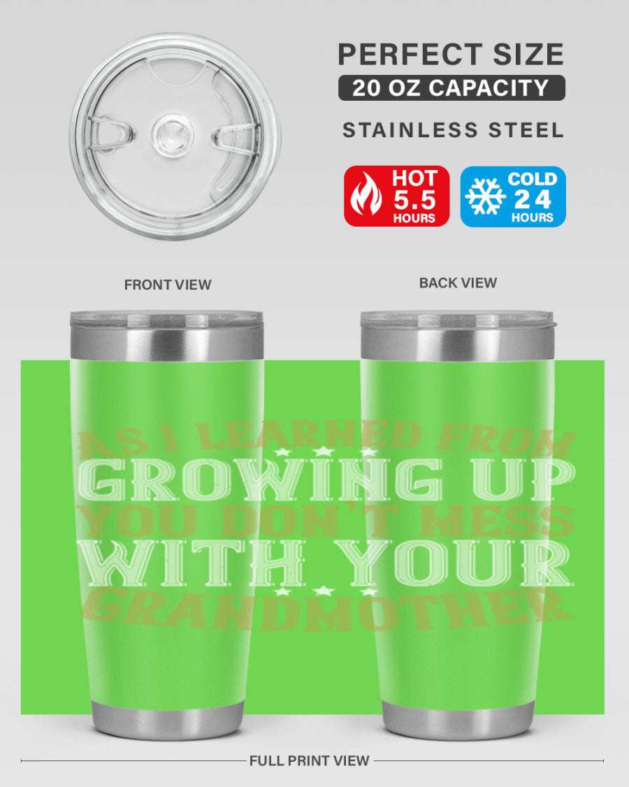 20oz and 30oz stainless steel tumblers with humorous print about grandmothers, showcasing double wall vacuum insulation.