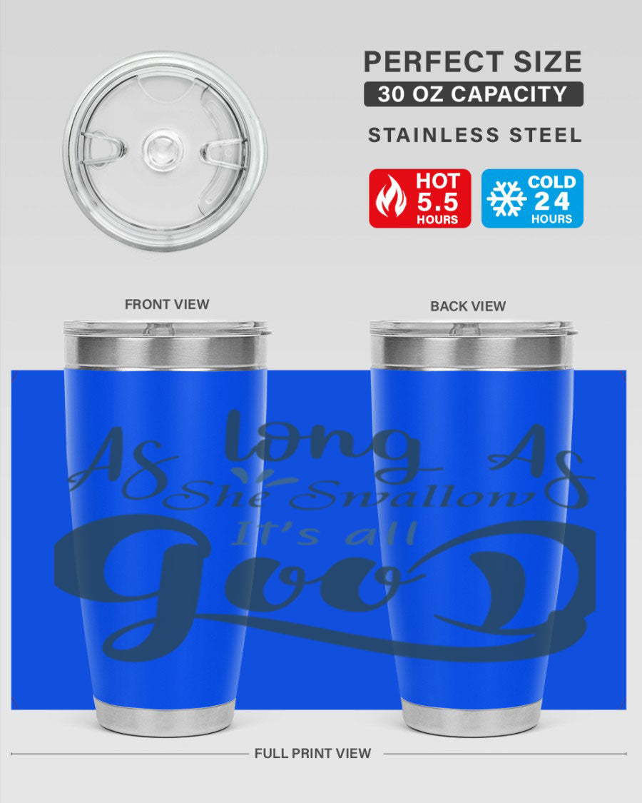 A 20oz and 30oz as long as 180# fishing tumbler made of double wall vacuum stainless steel with a drink-thru lid, showcasing its sleek design.