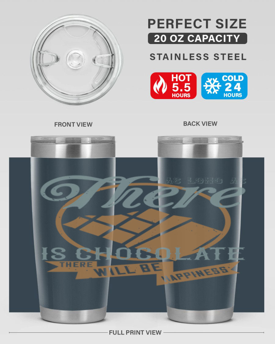 A stylish double wall vacuum stainless steel tumbler with a chocolate-themed design, perfect for keeping beverages hot or cold.