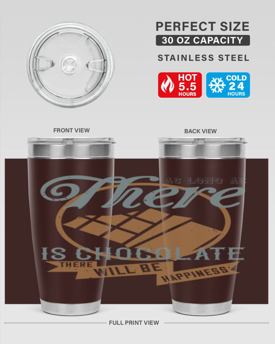 A stylish double wall vacuum stainless steel tumbler with a chocolate-themed design, perfect for keeping beverages hot or cold.