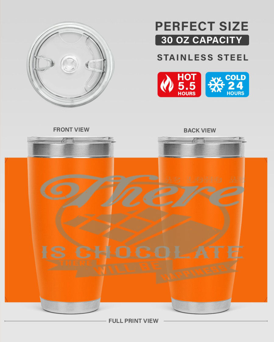 A stylish double wall vacuum stainless steel tumbler with a chocolate-themed design, perfect for keeping beverages hot or cold.