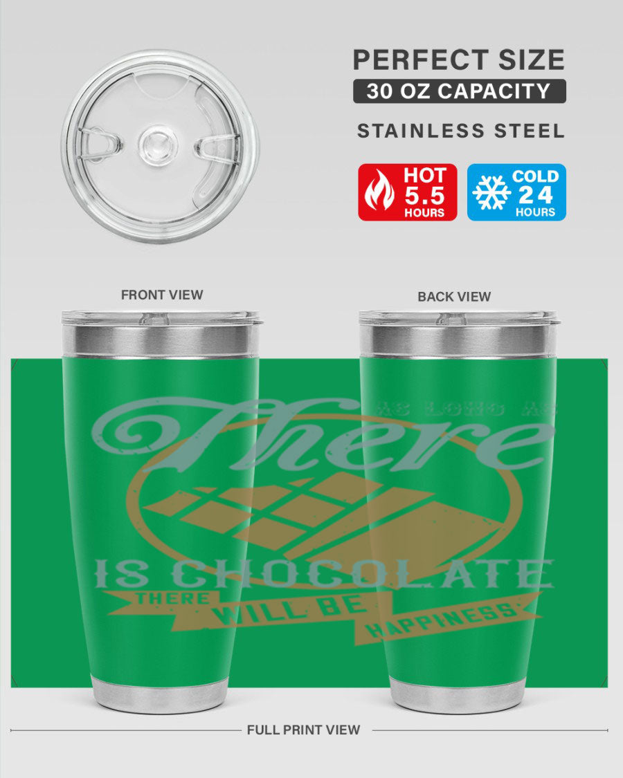 A stylish double wall vacuum stainless steel tumbler with a chocolate-themed design, perfect for keeping beverages hot or cold.