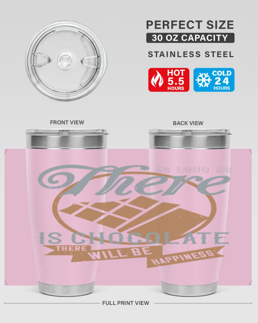 A stylish double wall vacuum stainless steel tumbler with a chocolate-themed design, perfect for keeping beverages hot or cold.