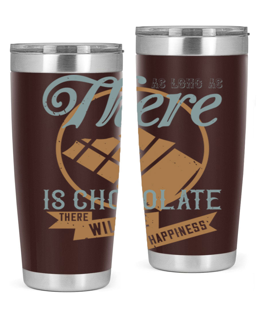 A stylish double wall vacuum stainless steel tumbler with a chocolate-themed design, perfect for keeping beverages hot or cold.