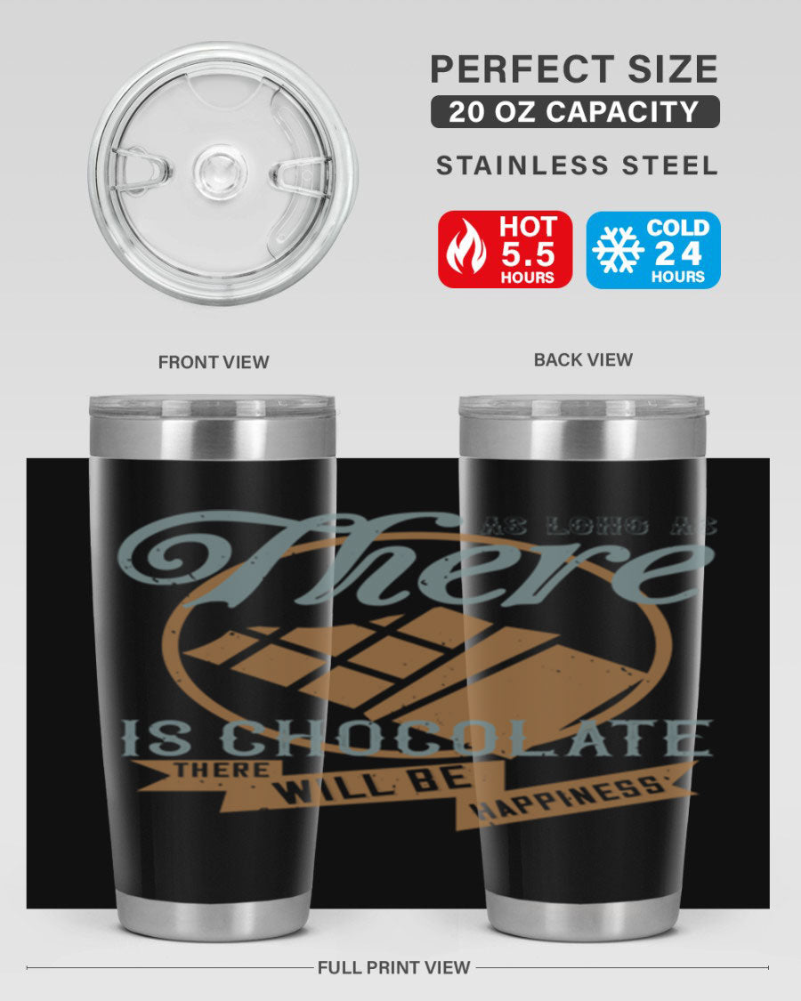 A stylish double wall vacuum stainless steel tumbler with a chocolate-themed design, perfect for keeping beverages hot or cold.