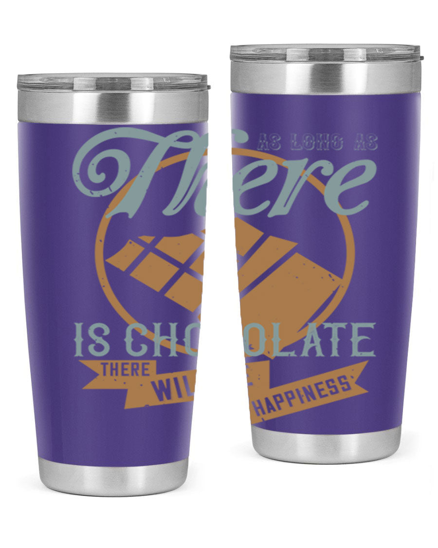 A stylish double wall vacuum stainless steel tumbler with a chocolate-themed design, perfect for keeping beverages hot or cold.