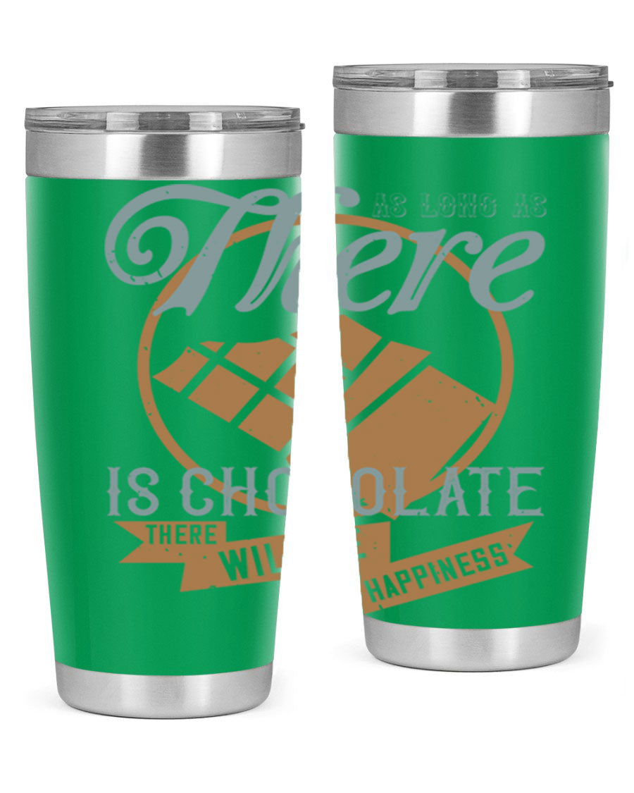 A stylish double wall vacuum stainless steel tumbler with a chocolate-themed design, perfect for keeping beverages hot or cold.