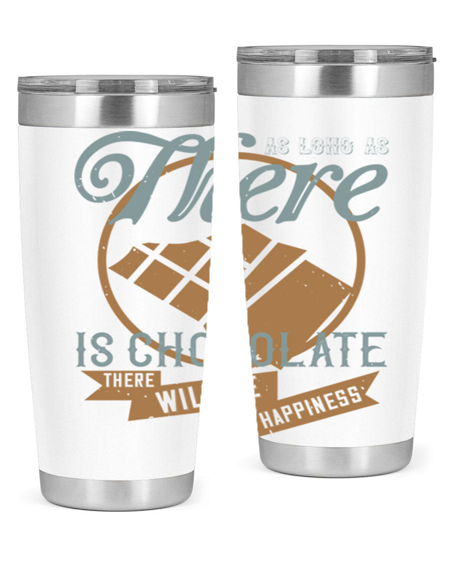 A stylish double wall vacuum stainless steel tumbler with a chocolate-themed design, perfect for keeping beverages hot or cold.