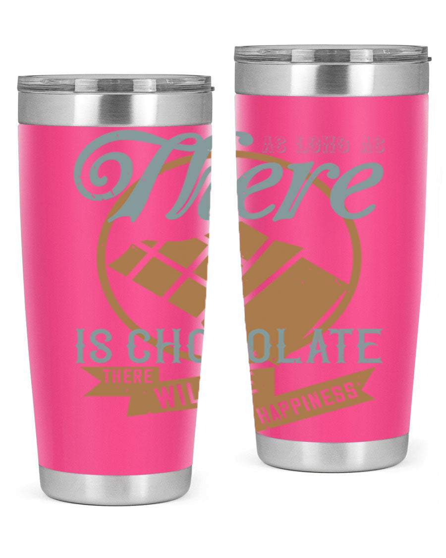 A stylish double wall vacuum stainless steel tumbler with a chocolate-themed design, perfect for keeping beverages hot or cold.