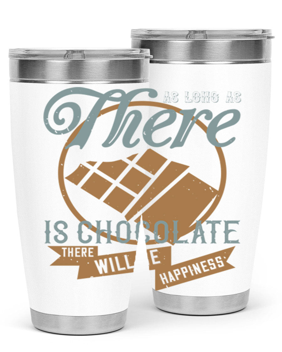 A stylish double wall vacuum stainless steel tumbler with a chocolate-themed design, perfect for keeping beverages hot or cold.