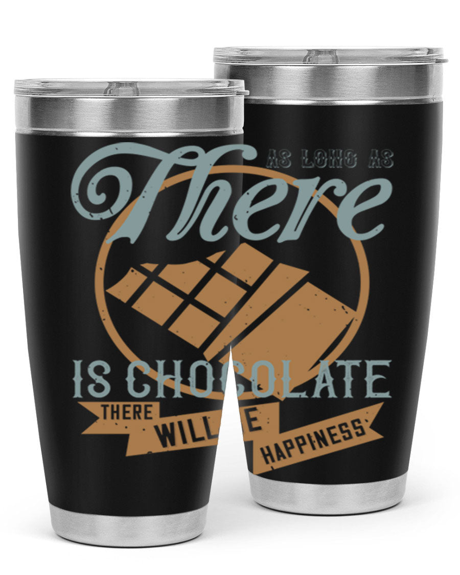 A stylish double wall vacuum stainless steel tumbler with a chocolate-themed design, perfect for keeping beverages hot or cold.