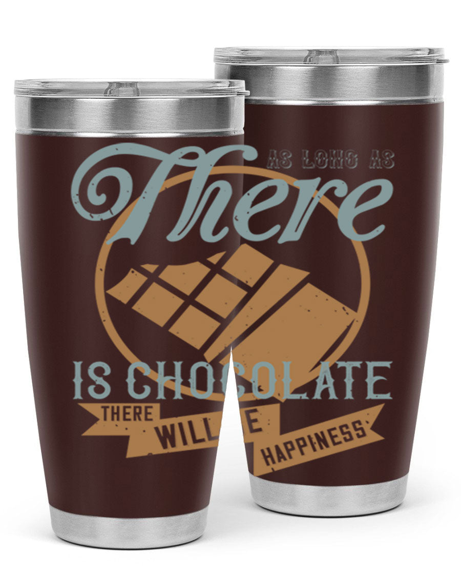 A stylish double wall vacuum stainless steel tumbler with a chocolate-themed design, perfect for keeping beverages hot or cold.