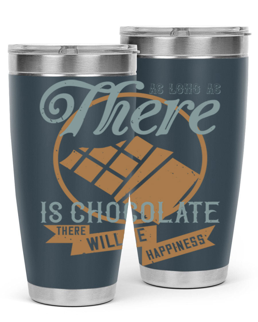 A stylish double wall vacuum stainless steel tumbler with a chocolate-themed design, perfect for keeping beverages hot or cold.