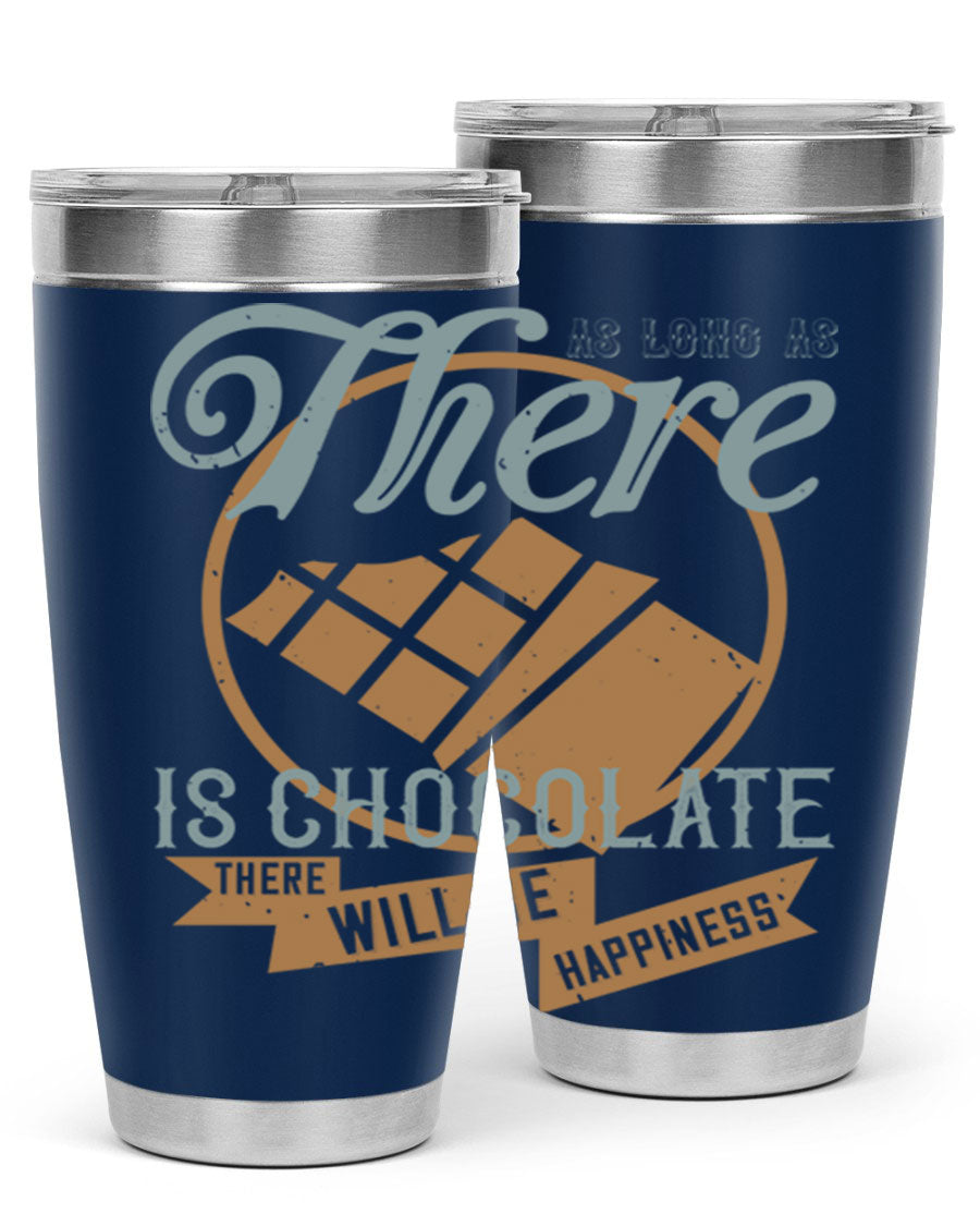 A stylish double wall vacuum stainless steel tumbler with a chocolate-themed design, perfect for keeping beverages hot or cold.