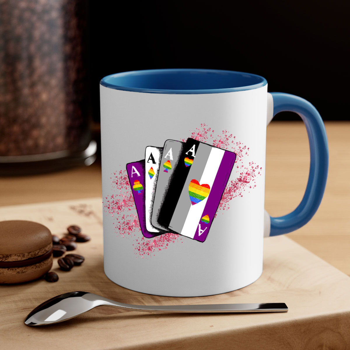 A stylish two-tone Asexual Ace Flag Playing Card Mug with a glossy finish, showcasing the asexual pride flag design.