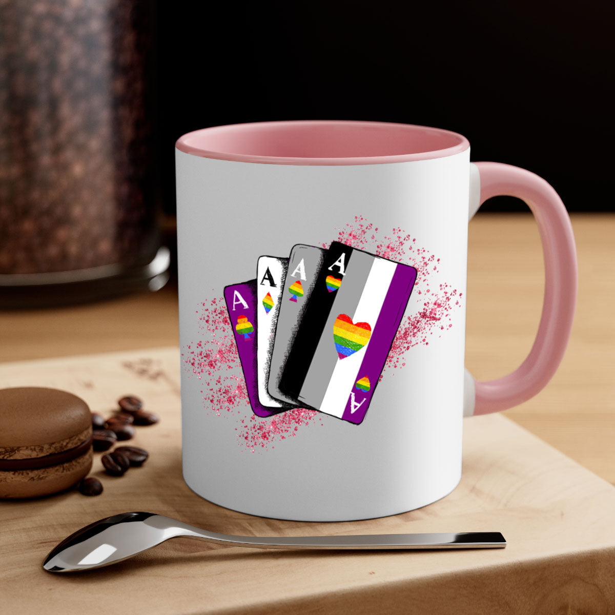 A stylish two-tone Asexual Ace Flag Playing Card Mug with a glossy finish, showcasing the asexual pride flag design.