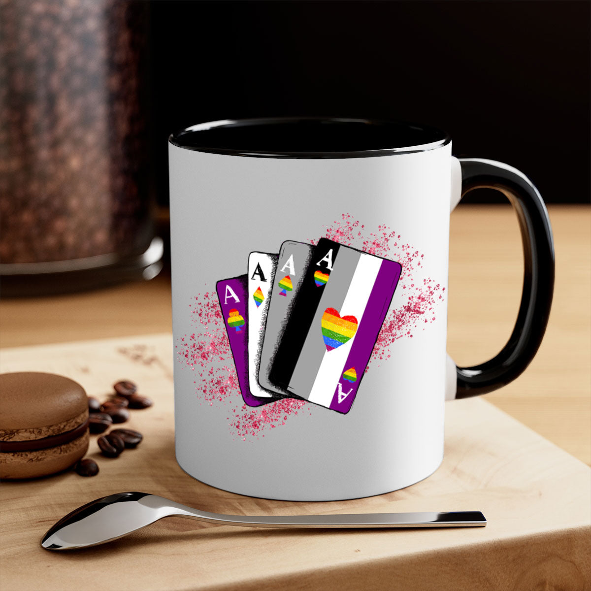 A stylish two-tone Asexual Ace Flag Playing Card Mug with a glossy finish, showcasing the asexual pride flag design.