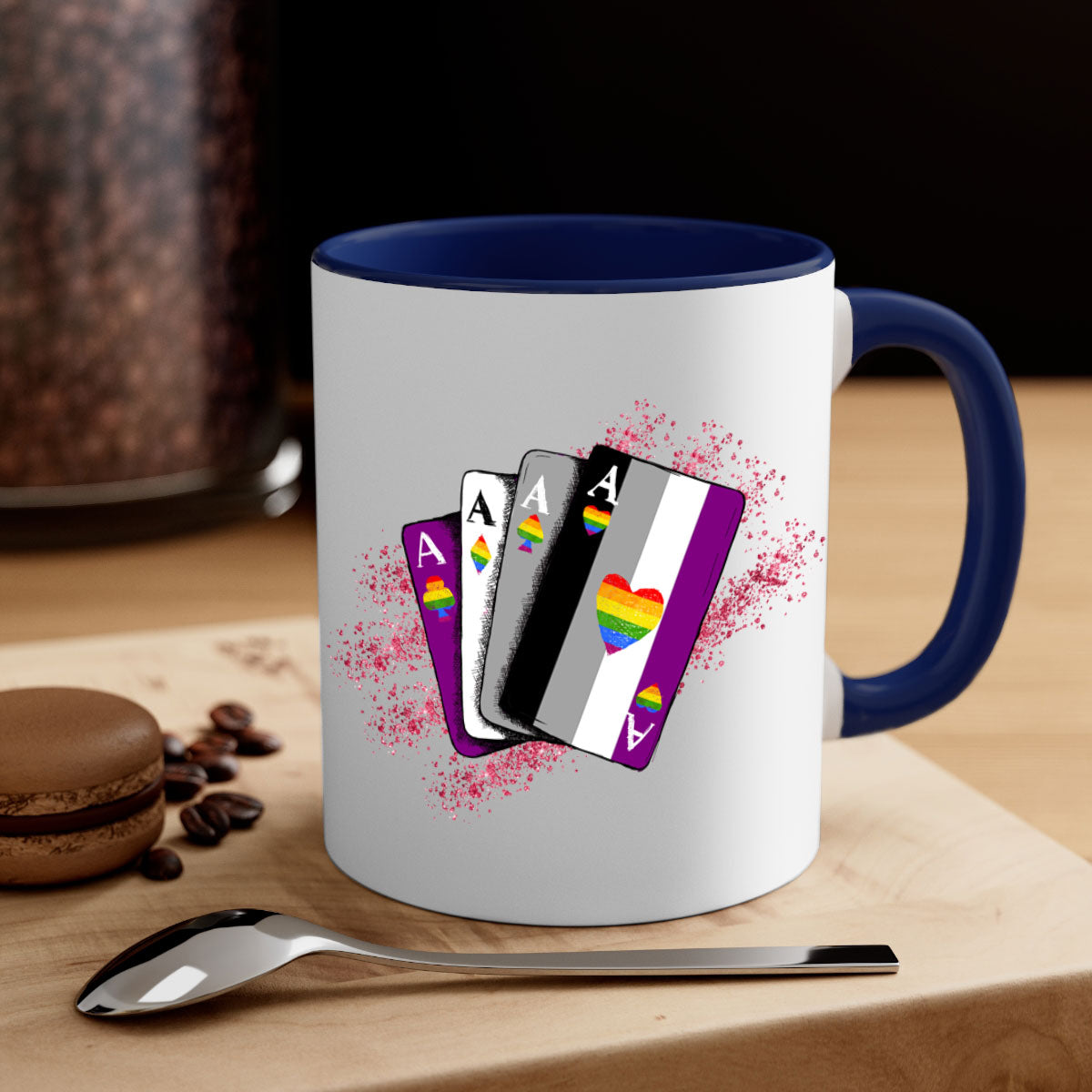 A stylish two-tone Asexual Ace Flag Playing Card Mug with a glossy finish, showcasing the asexual pride flag design.