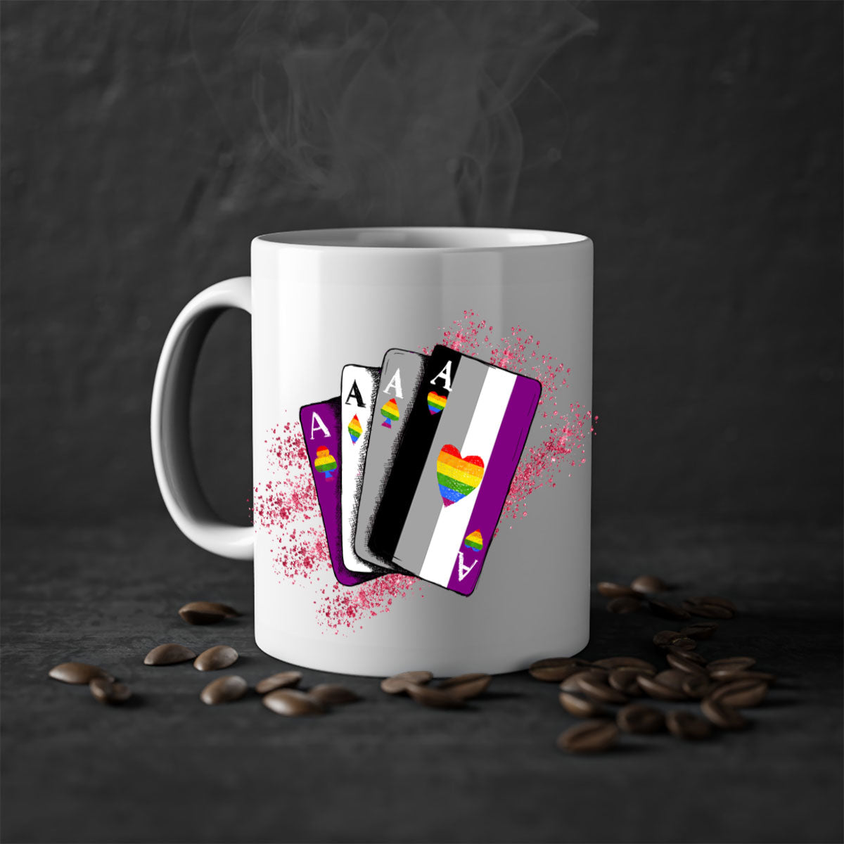 A stylish two-tone Asexual Ace Flag Playing Card Mug with a glossy finish, showcasing the asexual pride flag design.