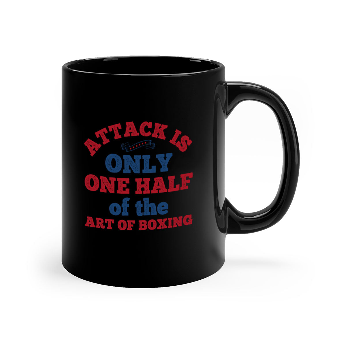 A stylish two-tone ceramic mug featuring the phrase 'Attack is only one half of the art of boxing 1845#' with a glossy finish and colored handle.