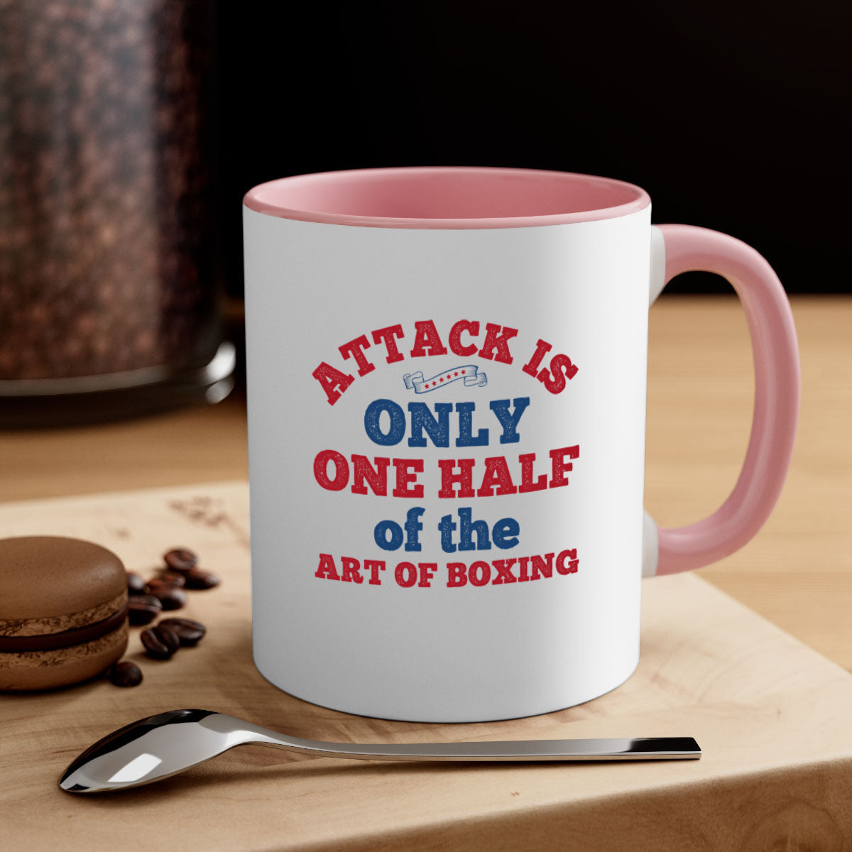 A stylish two-tone ceramic mug featuring the phrase 'Attack is only one half of the art of boxing 1845#' with a glossy finish and colored handle.