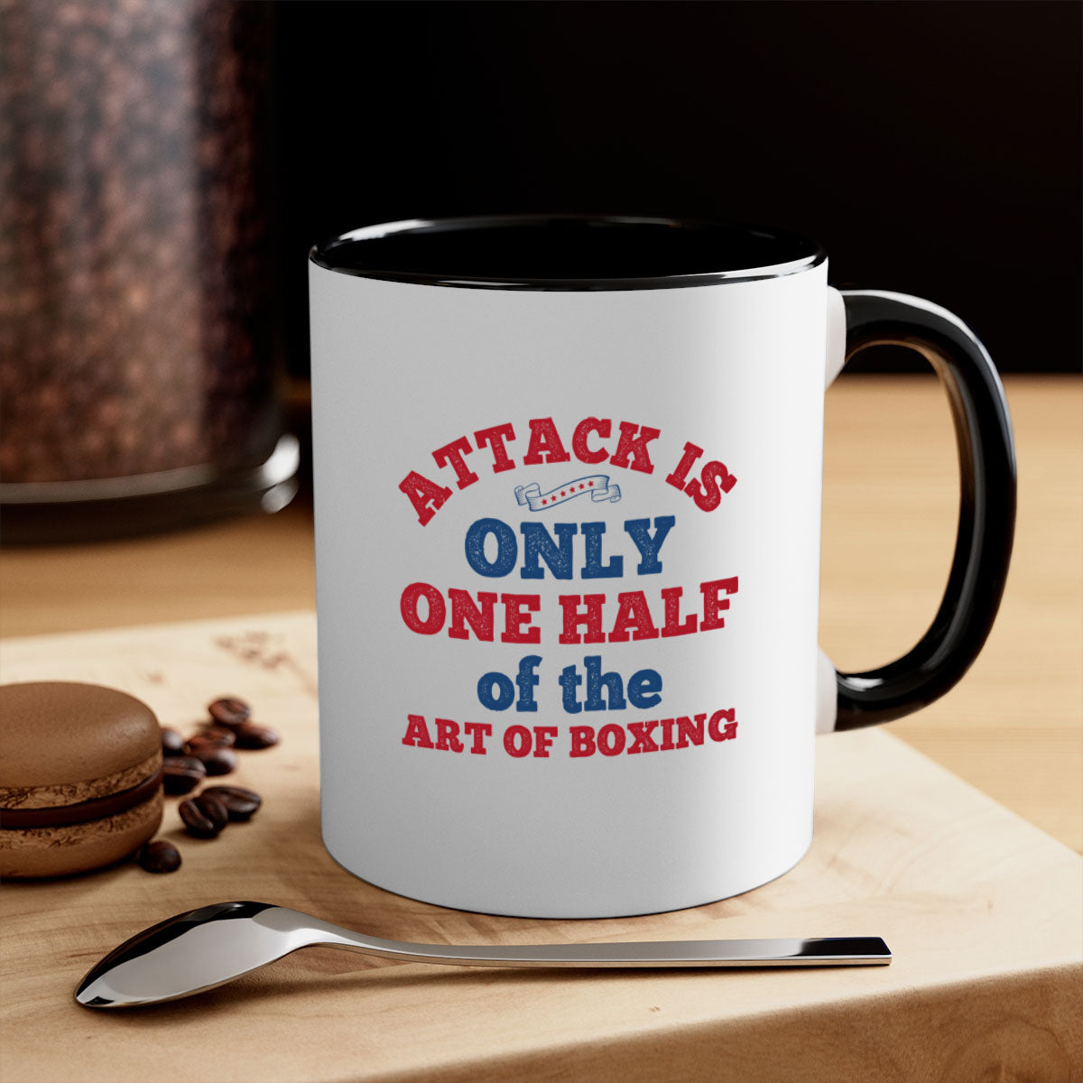 A stylish two-tone ceramic mug featuring the phrase 'Attack is only one half of the art of boxing 1845#' with a glossy finish and colored handle.