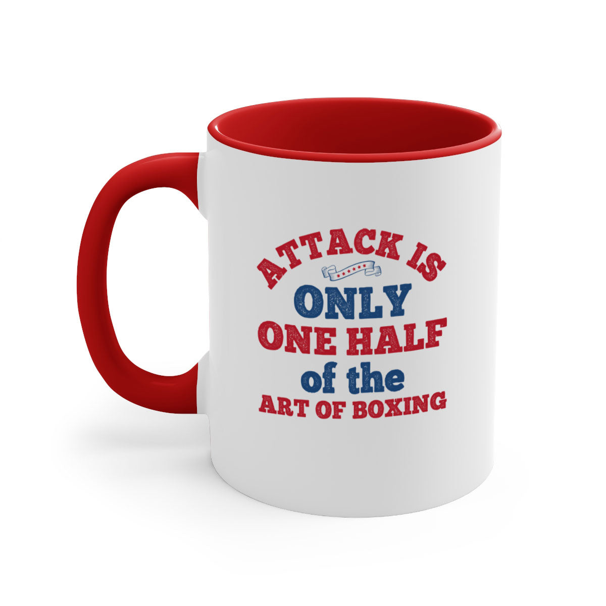 A stylish two-tone ceramic mug featuring the phrase 'Attack is only one half of the art of boxing 1845#' with a glossy finish and colored handle.