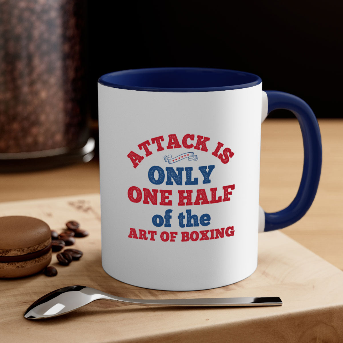 A stylish two-tone ceramic mug featuring the phrase 'Attack is only one half of the art of boxing 1845#' with a glossy finish and colored handle.