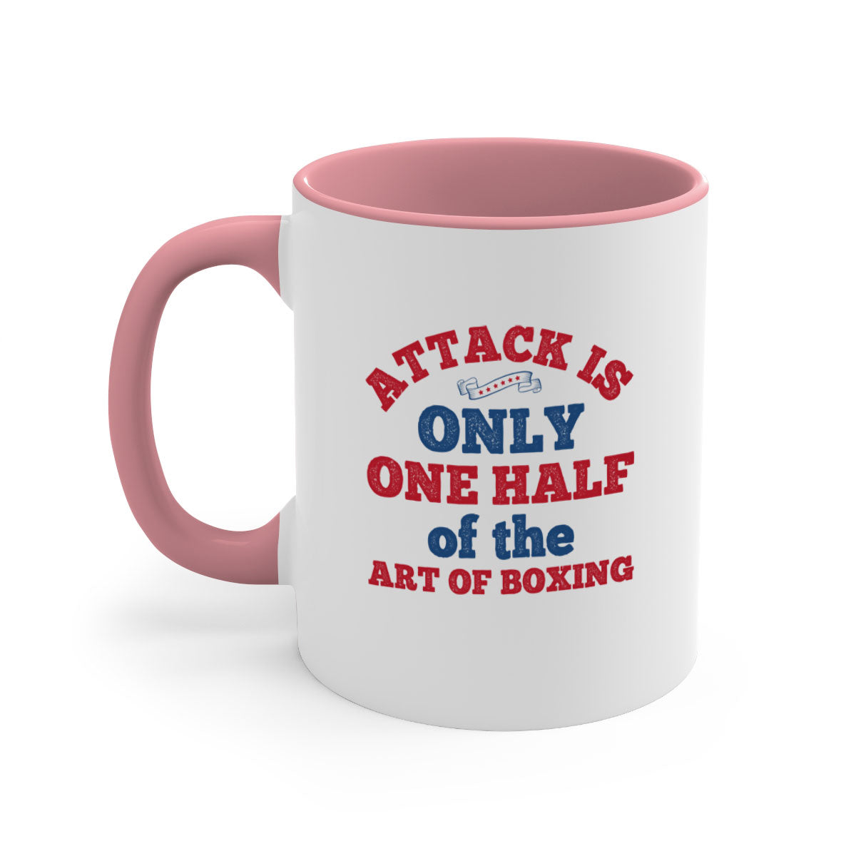 A stylish two-tone ceramic mug featuring the phrase 'Attack is only one half of the art of boxing 1845#' with a glossy finish and colored handle.