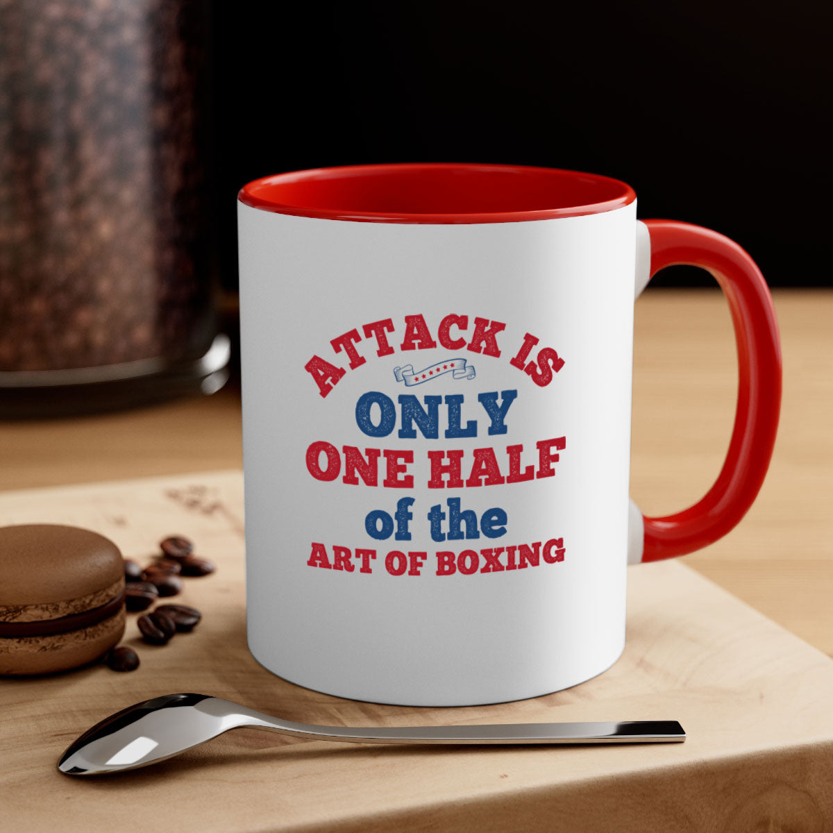 A stylish two-tone ceramic mug featuring the phrase 'Attack is only one half of the art of boxing 1845#' with a glossy finish and colored handle.