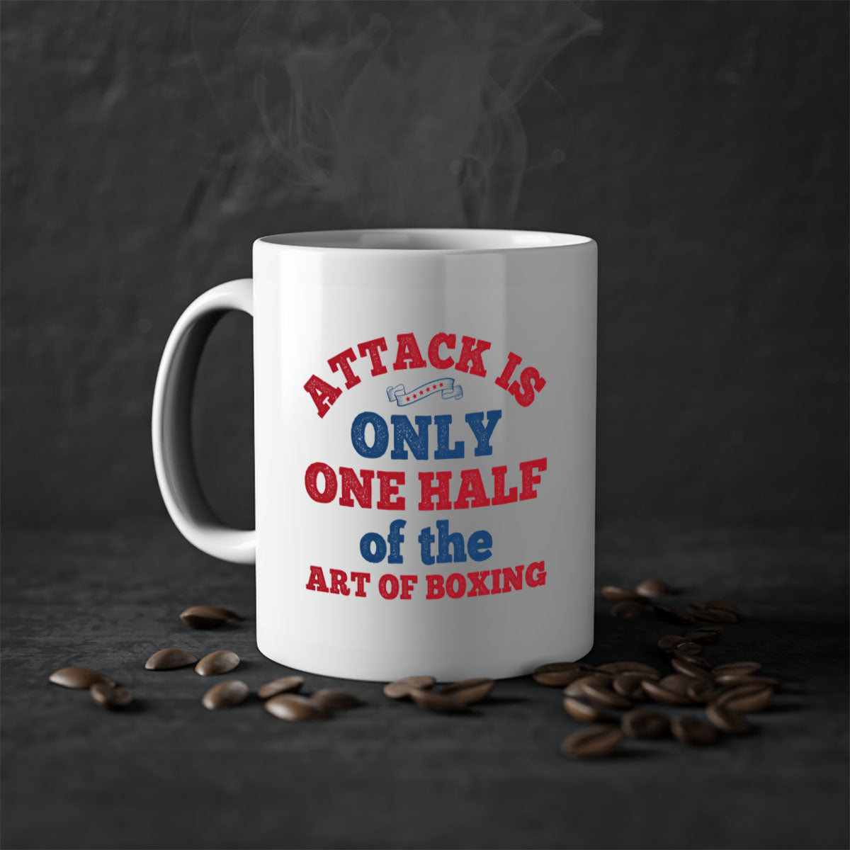 A stylish two-tone ceramic mug featuring the phrase 'Attack is only one half of the art of boxing 1845#' with a glossy finish and colored handle.