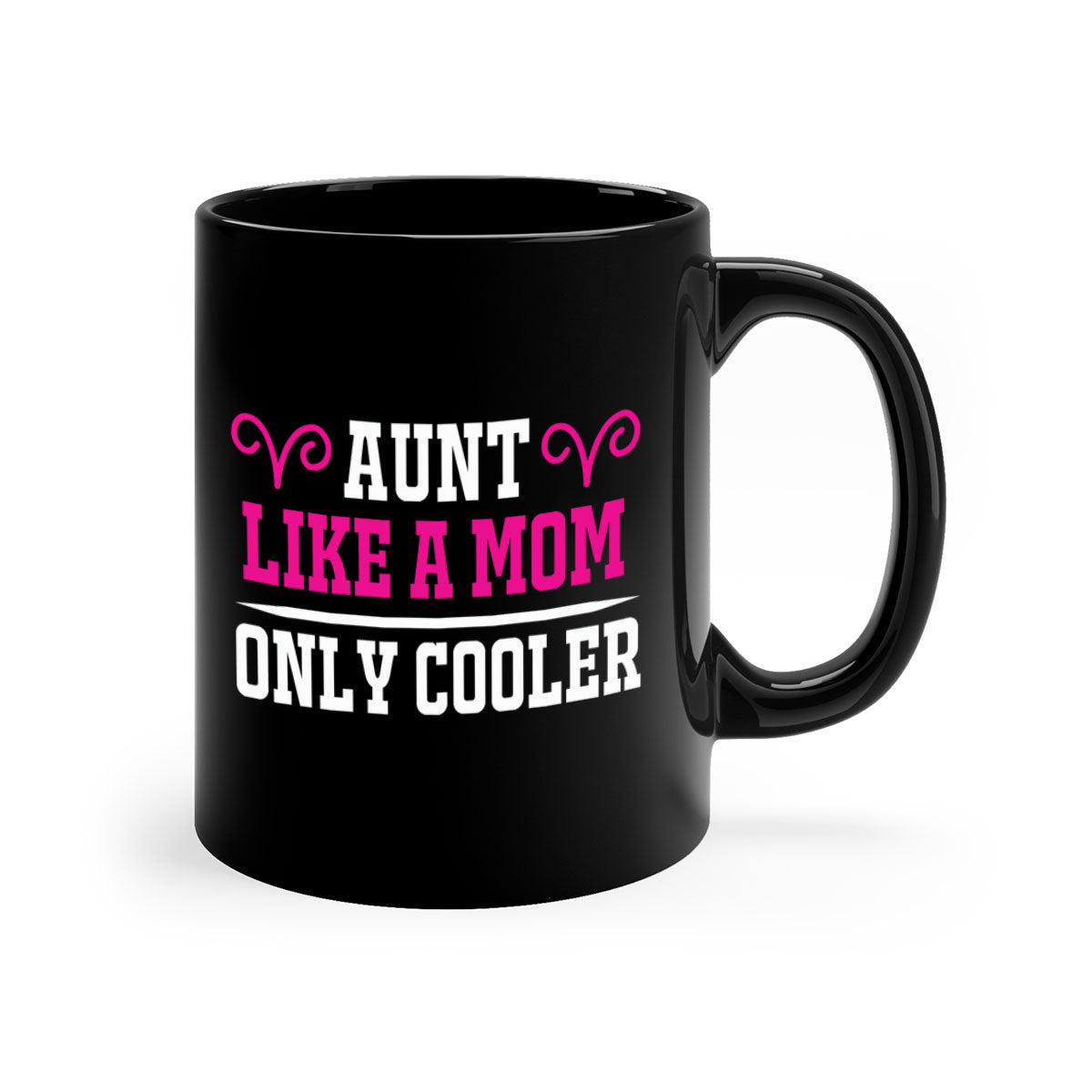 A stylish two-tone coffee mug with a colored handle and glossy finish, featuring the text 'Aunt Like a Mom Only Cooler'.