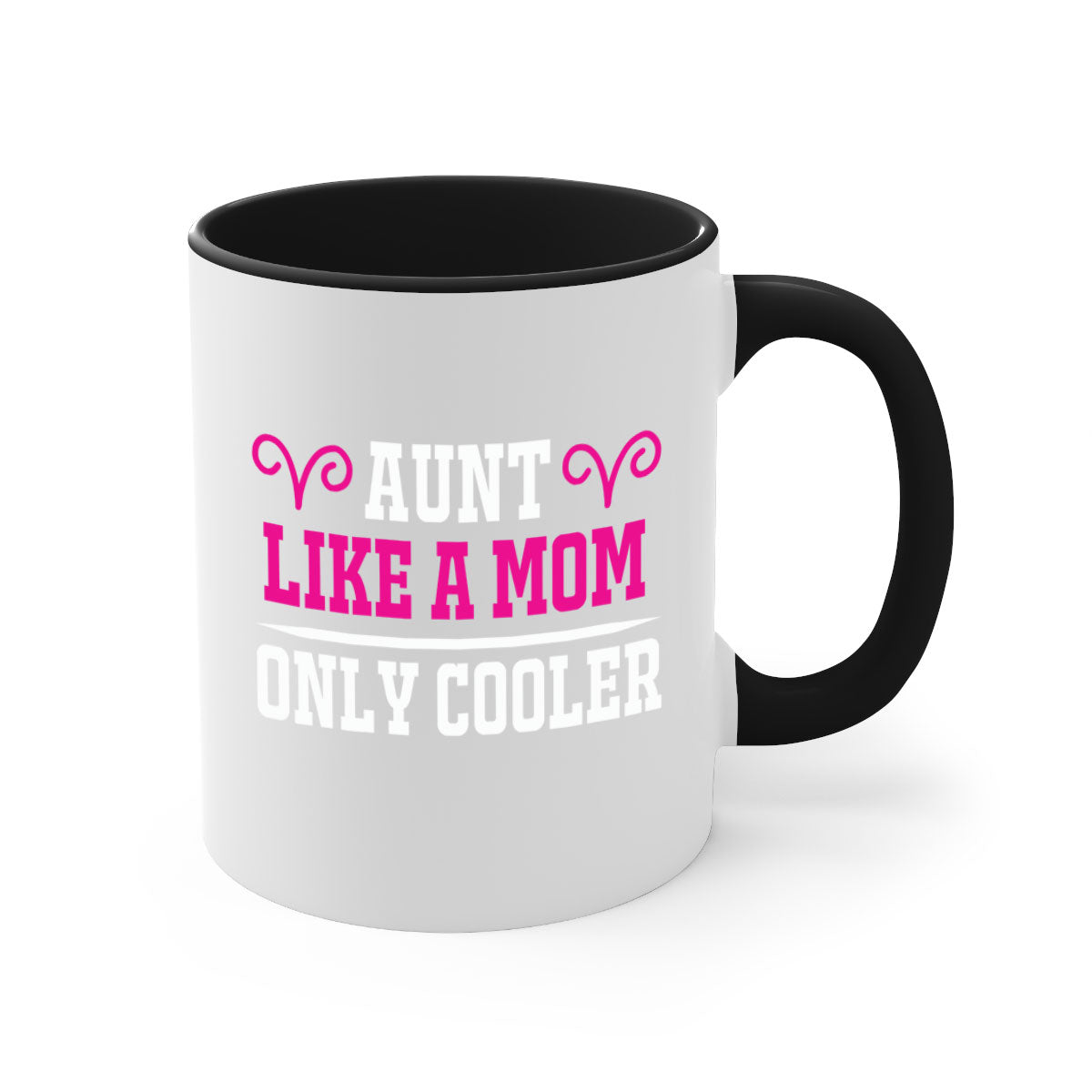 A stylish two-tone coffee mug with a colored handle and glossy finish, featuring the text 'Aunt Like a Mom Only Cooler'.