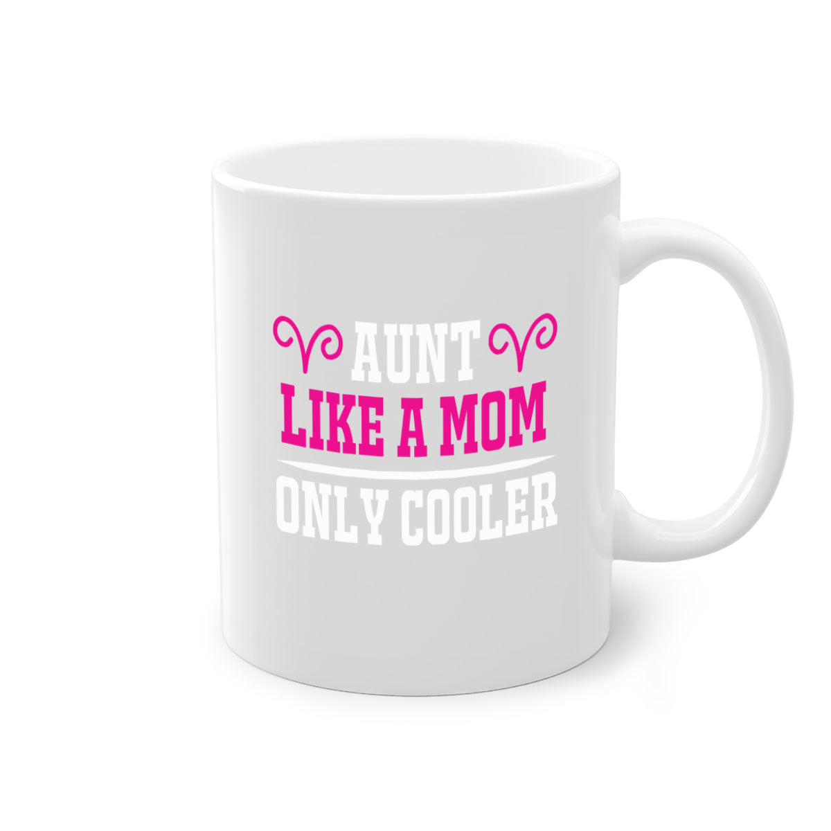 A stylish two-tone coffee mug with a colored handle and glossy finish, featuring the text 'Aunt Like a Mom Only Cooler'.