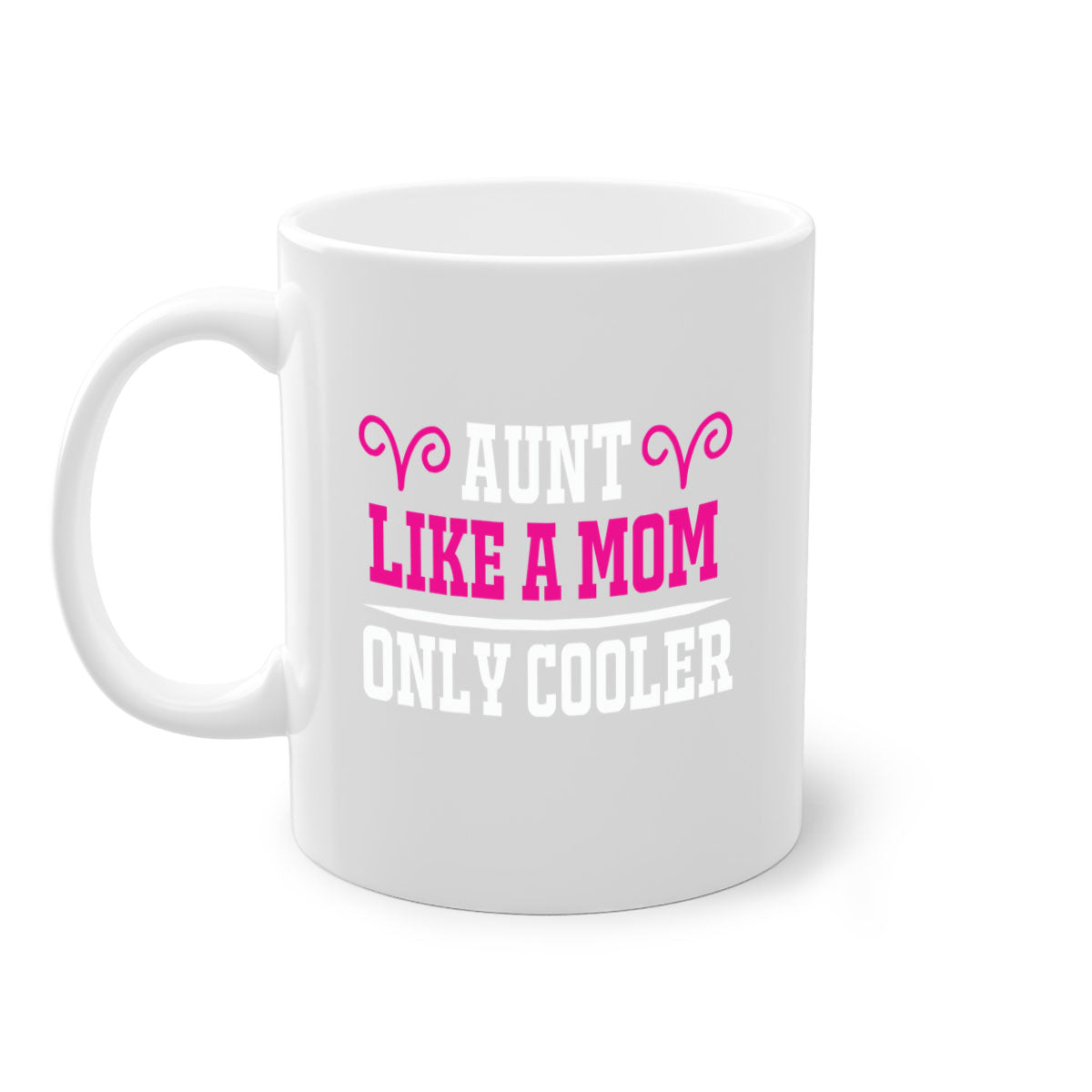 A stylish two-tone coffee mug with a colored handle and glossy finish, featuring the text 'Aunt Like a Mom Only Cooler'.