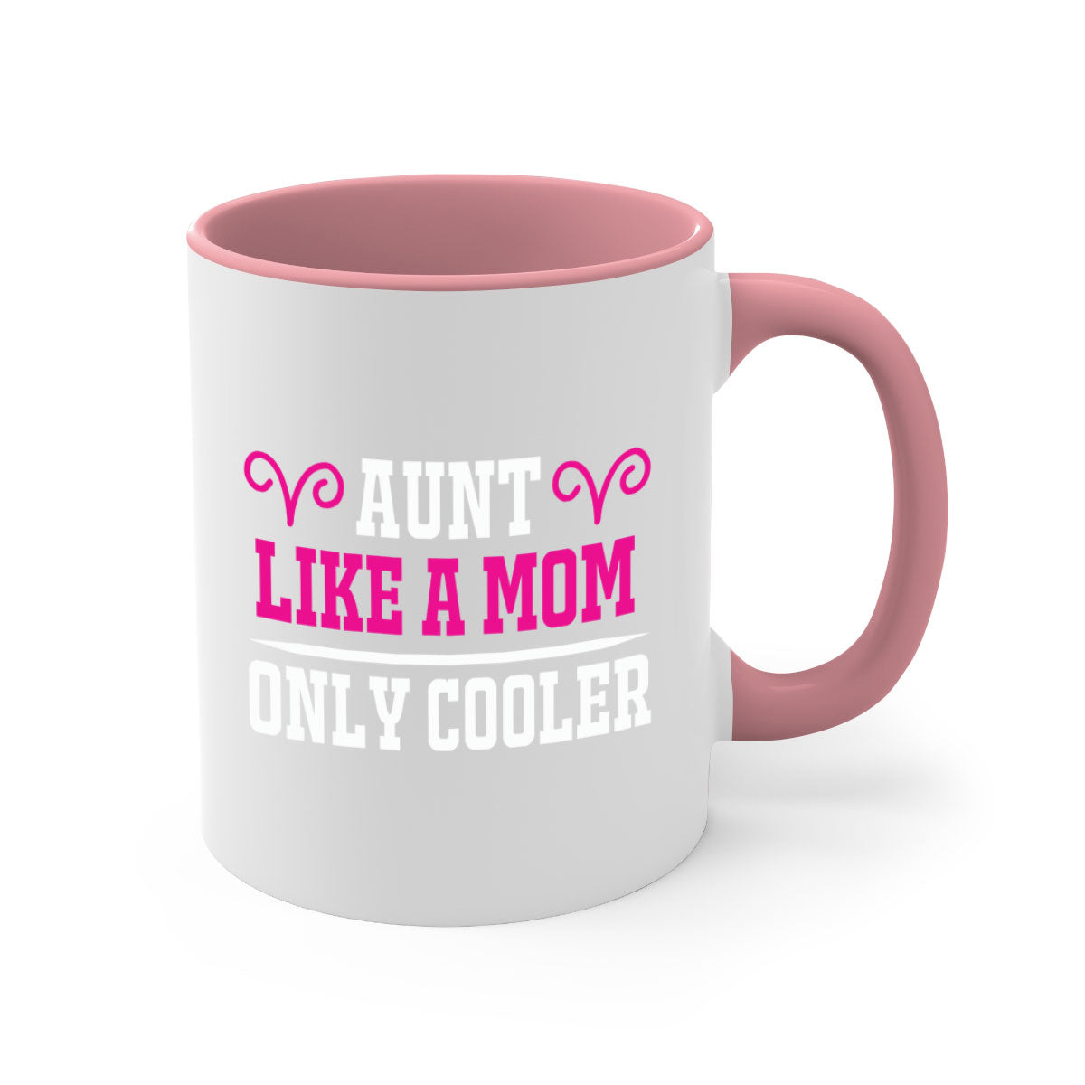 A stylish two-tone coffee mug with a colored handle and glossy finish, featuring the text 'Aunt Like a Mom Only Cooler'.