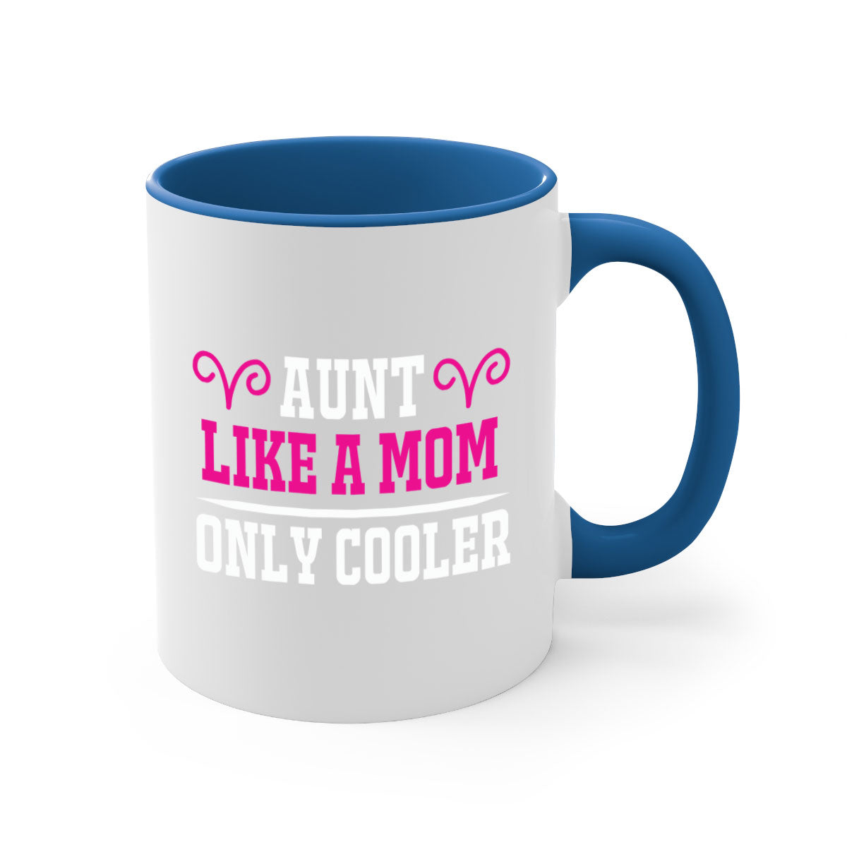 A stylish two-tone coffee mug with a colored handle and glossy finish, featuring the text 'Aunt Like a Mom Only Cooler'.