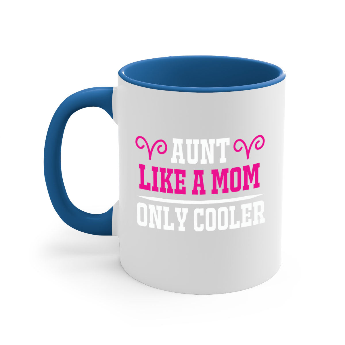 A stylish two-tone coffee mug with a colored handle and glossy finish, featuring the text 'Aunt Like a Mom Only Cooler'.