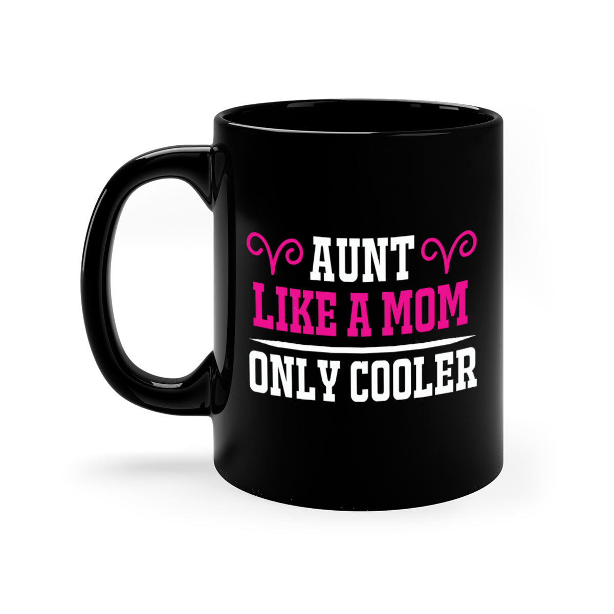 A stylish two-tone coffee mug with a colored handle and glossy finish, featuring the text 'Aunt Like a Mom Only Cooler'.