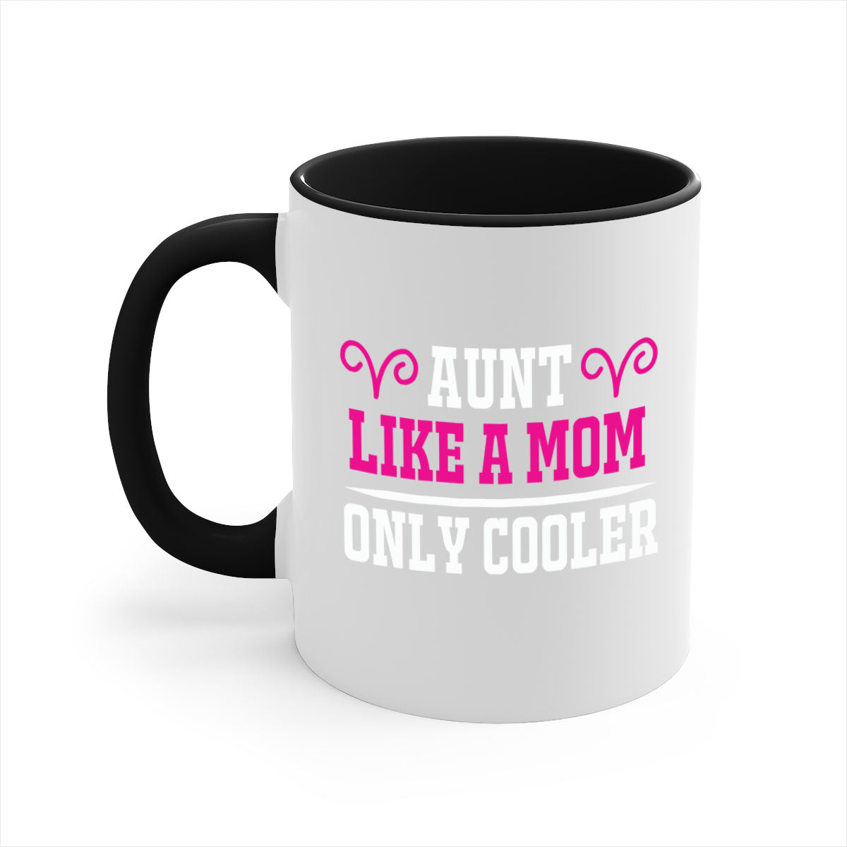 A stylish two-tone coffee mug with a colored handle and glossy finish, featuring the text 'Aunt Like a Mom Only Cooler'.