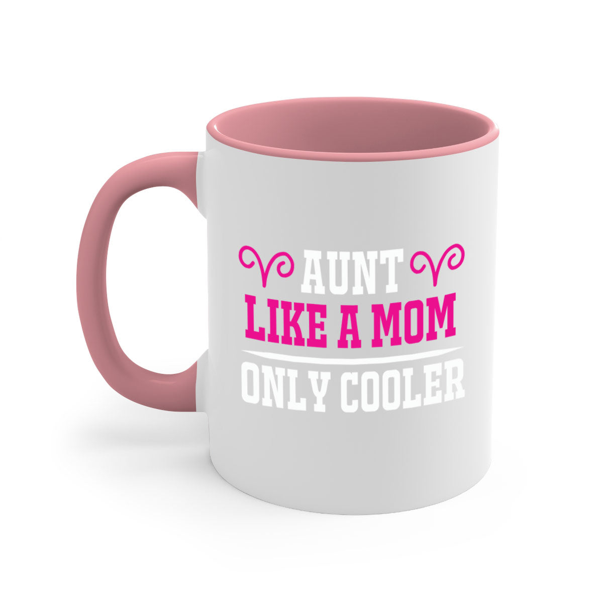 A stylish two-tone coffee mug with a colored handle and glossy finish, featuring the text 'Aunt Like a Mom Only Cooler'.