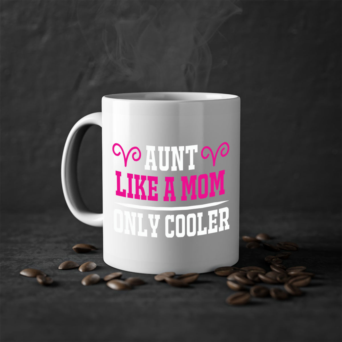 A stylish two-tone coffee mug with a colored handle and glossy finish, featuring the text 'Aunt Like a Mom Only Cooler'.