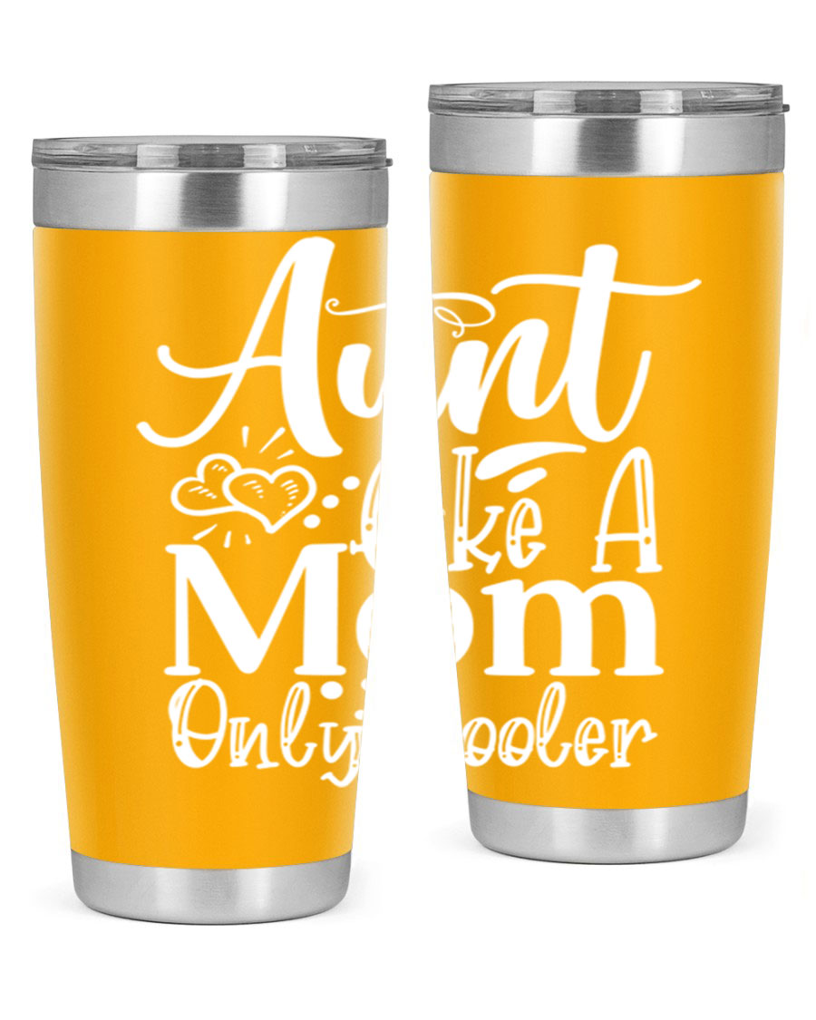 Aunt Like A Mom Only Cooler Style 14# tumbler in stainless steel with a vibrant print, showcasing its double wall vacuum design.