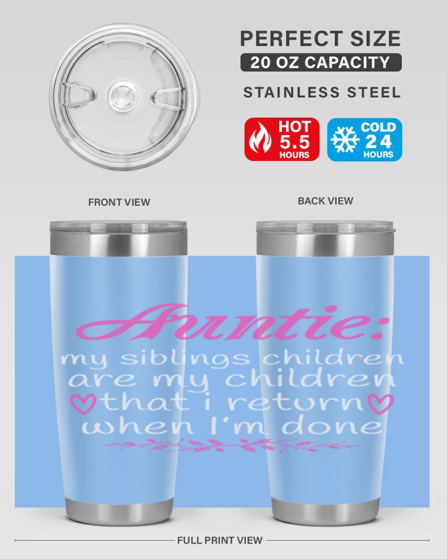 Auntie tumbler featuring a stylish design, made of double wall vacuum stainless steel, perfect for hot and cold beverages.