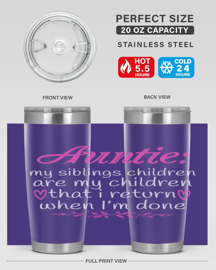 Auntie tumbler featuring a stylish design, made of double wall vacuum stainless steel, perfect for hot and cold beverages.