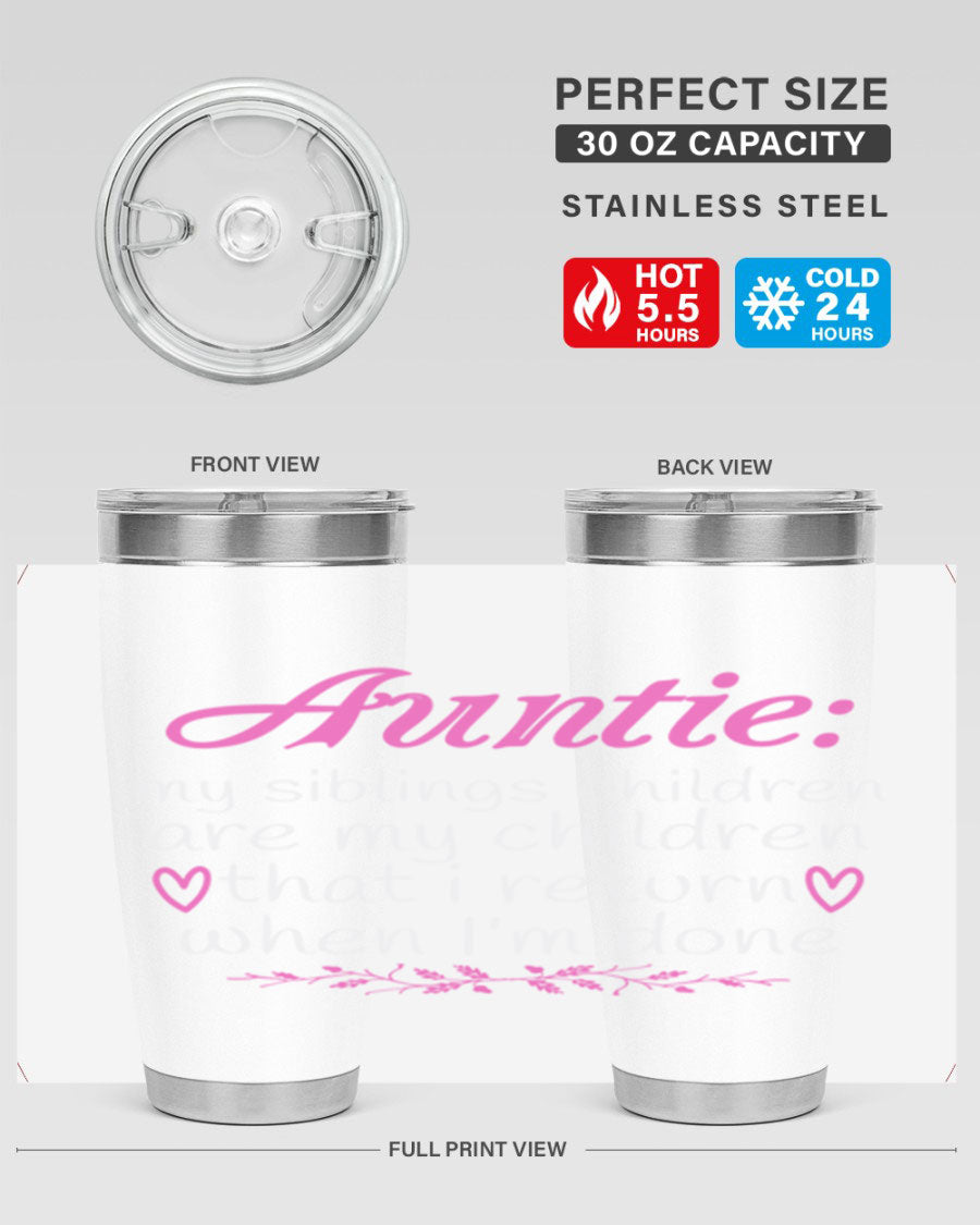 Auntie tumbler featuring a stylish design, made of double wall vacuum stainless steel, perfect for hot and cold beverages.