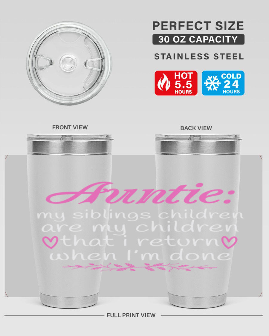 Auntie tumbler featuring a stylish design, made of double wall vacuum stainless steel, perfect for hot and cold beverages.