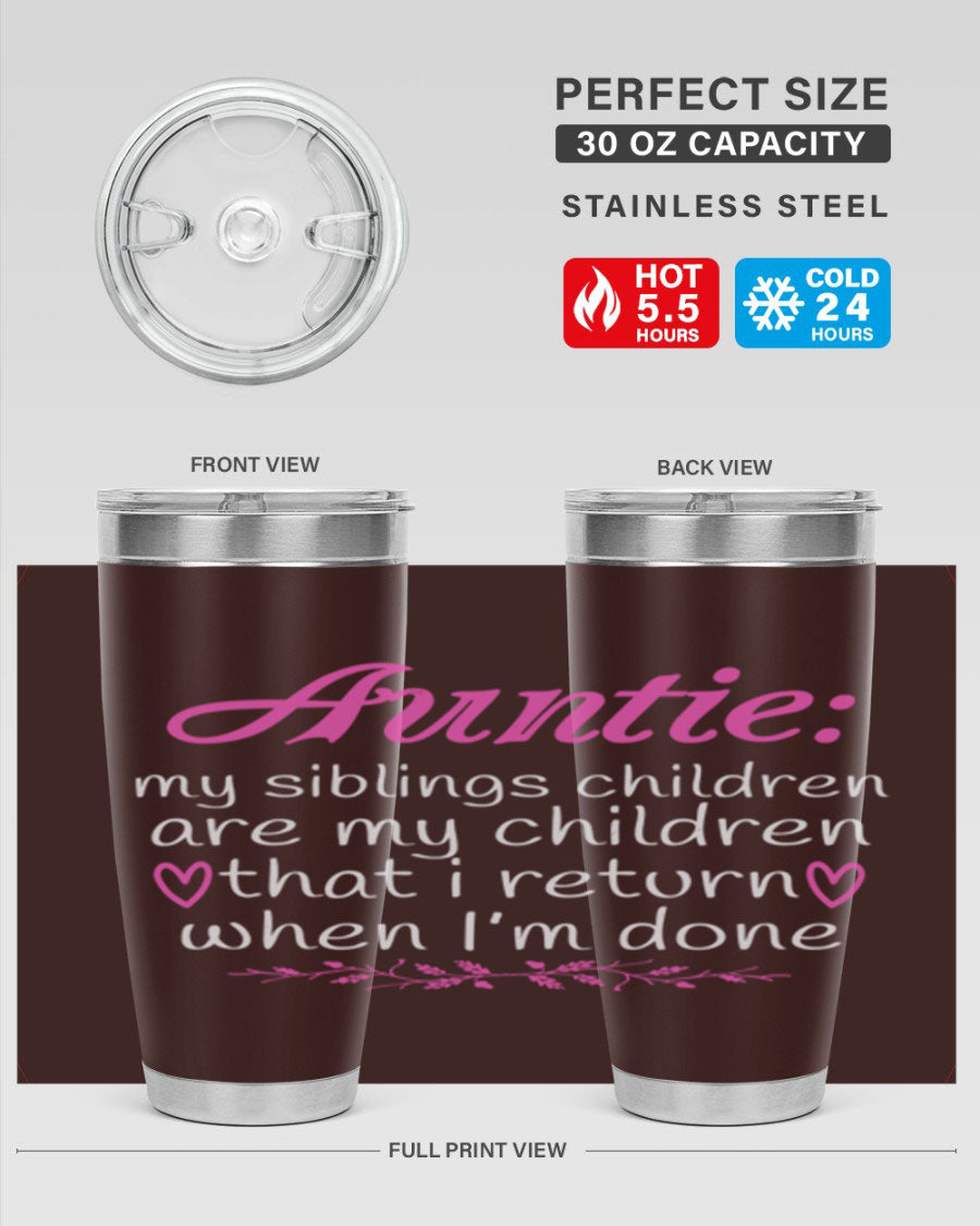 Auntie tumbler featuring a stylish design, made of double wall vacuum stainless steel, perfect for hot and cold beverages.